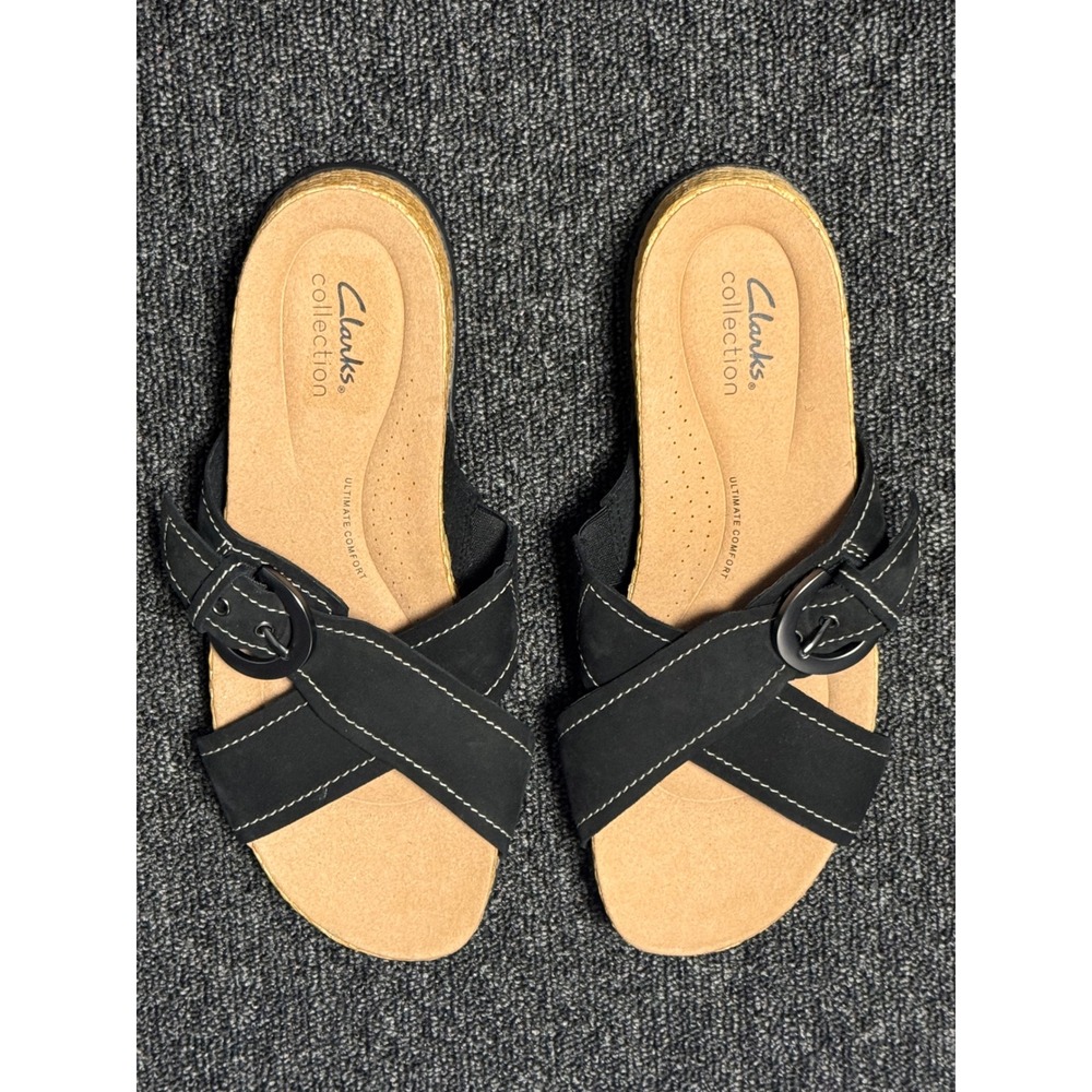 Clarks Collection Reileigh May Black Nubuck Leather Wedge Slide Sandals Womens 9